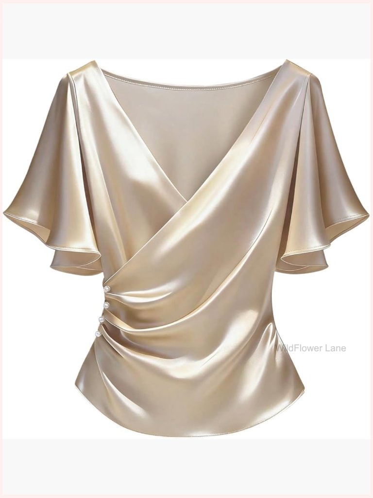 Women's Satin Wrap Blouse Side Ruched V Neck Short Sleeve Work Top